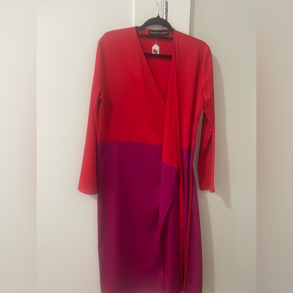 Silk red and purple wrap dress.
